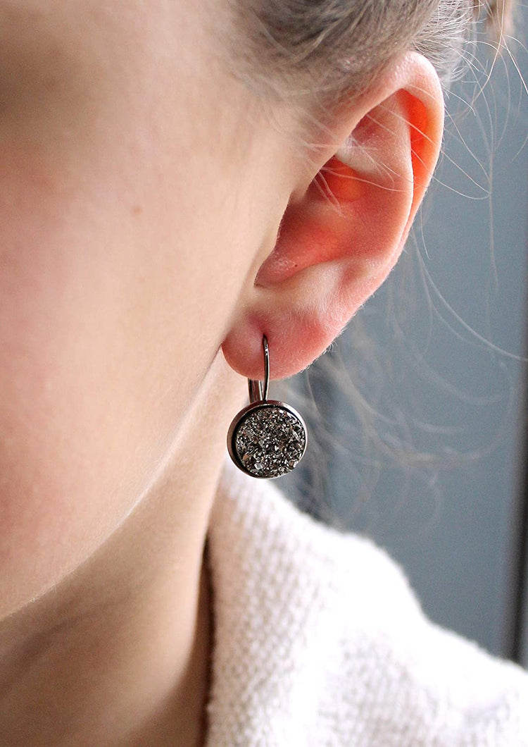 Hematite-tone Gunmetal Gray Faux Druzy Stone Lever-back Drop Earrings 12mm