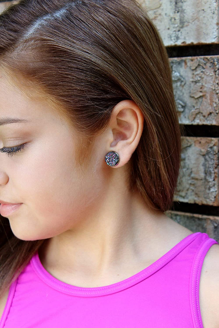 Hematite-tone Purple Pink and Teal Faux Druzy Stone Stud Earrings 12mm