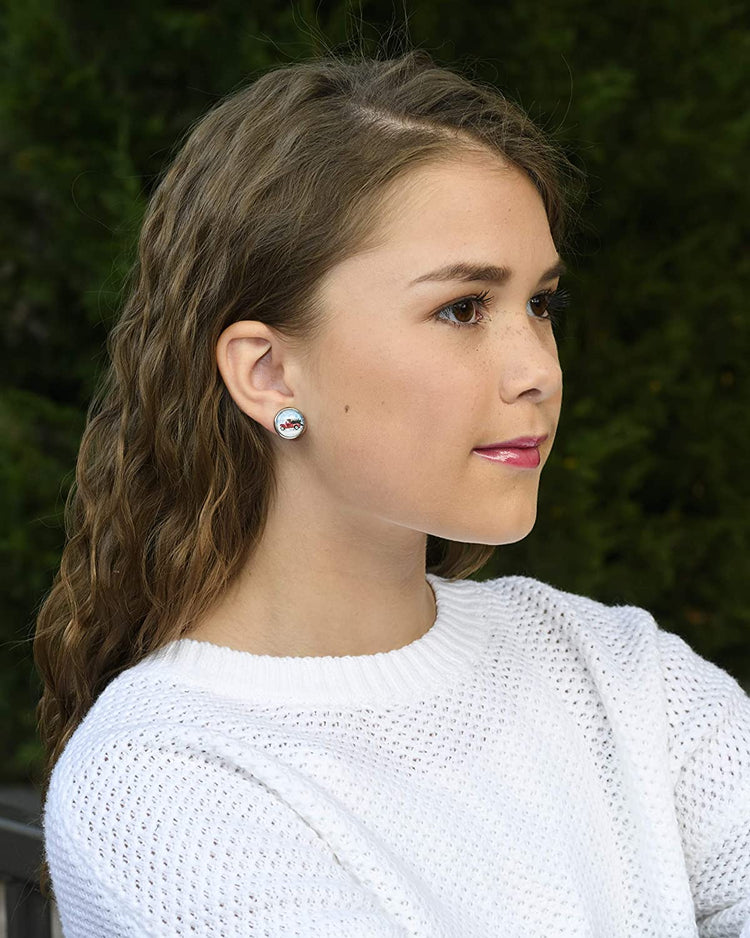 Stainless Steel Red Truck Christmas Tree Print Glass Stud Earrings 12mm
