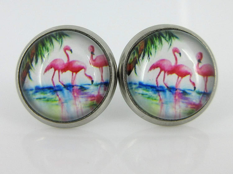 Duo Stud Earrings Stainless Steel Sweet Mint Green Faux Druzy Stone and Flamingo Print Glass 12mm Set
