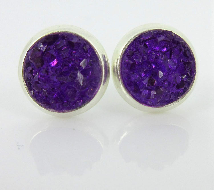 Duo Silver-tone Deep Purple and Green Faux Druzy Stone Stud Earrings 8mm Set