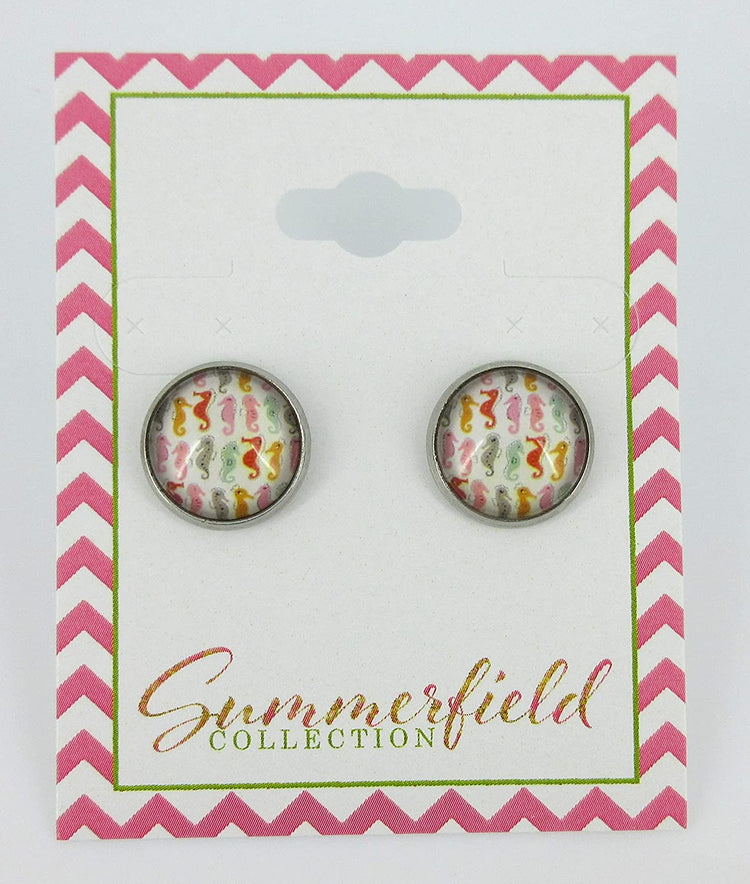 Stainless Steel Colorful Seahorse Print Glass Stud Earrings 12mm