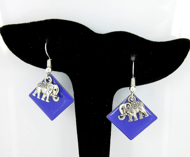Silver-tone Purple Enamel Elephant Charm Dangle Earrings