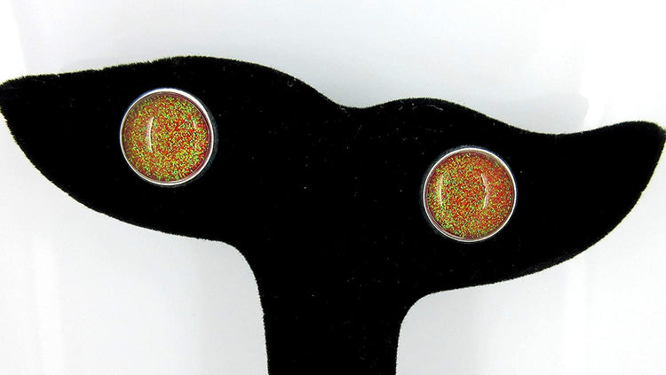 Silver-tone Red and Green Glitter Glass Stud Earrings Hand-painted