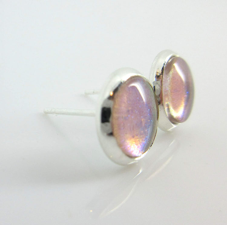 Silver-tone Nude Pink Color Shift Glitter Glass Stud Earrings Hand-painted 8mm