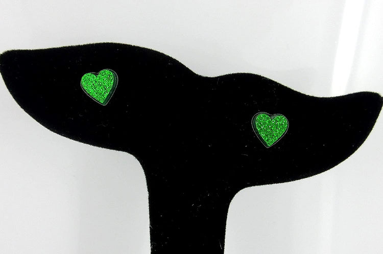Stainless Steel Shamrock Green Glitter Acrylic Heart Stud Earrings 8mm