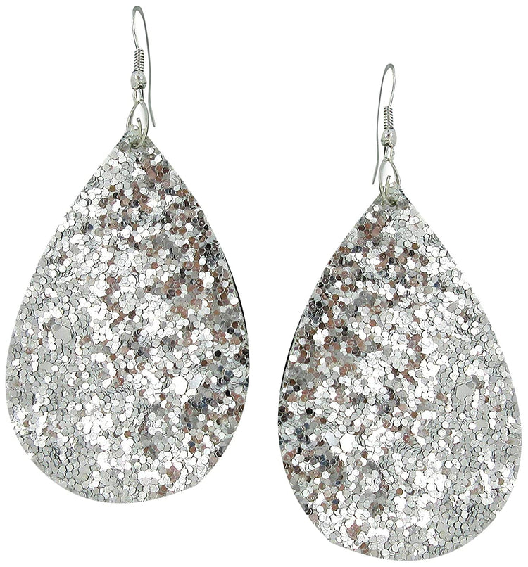 Silver Glitter Faux Leather Large Teardrop Dangle Earrings