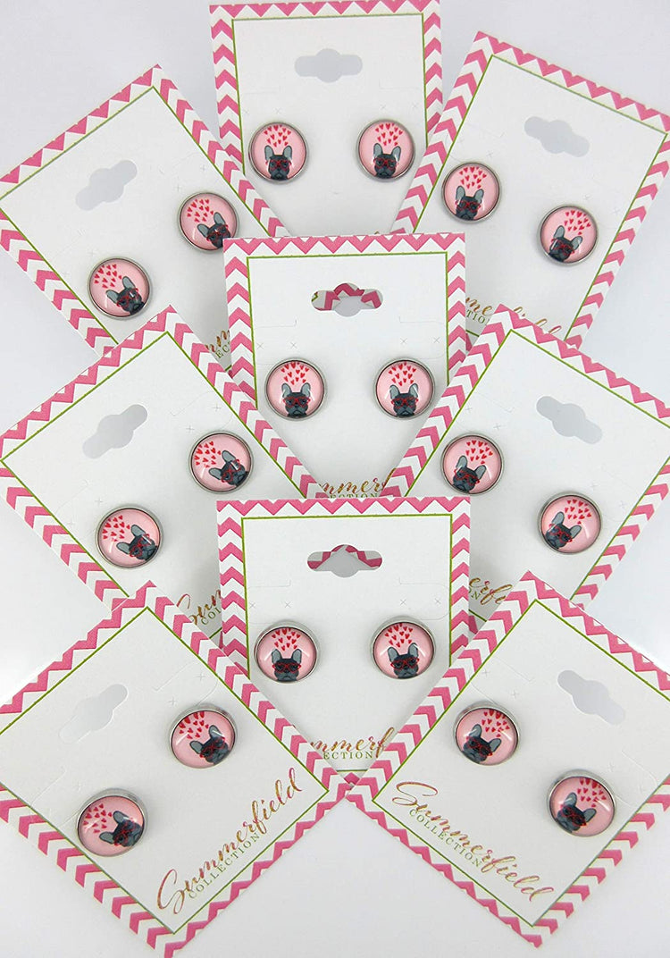Stainless Steel French Bulldog Sunglasses Print Glass Stud Earrings 12mm