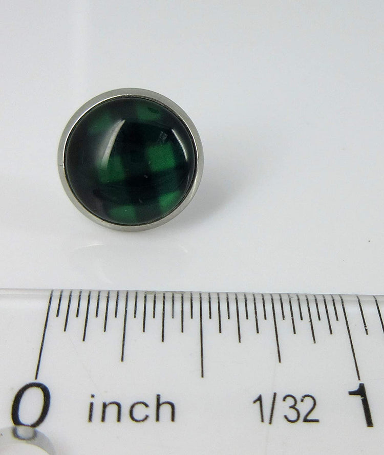 Stainless Steel Black and Green Buffalo Plaid Print Glass Stud Earrings 12mm