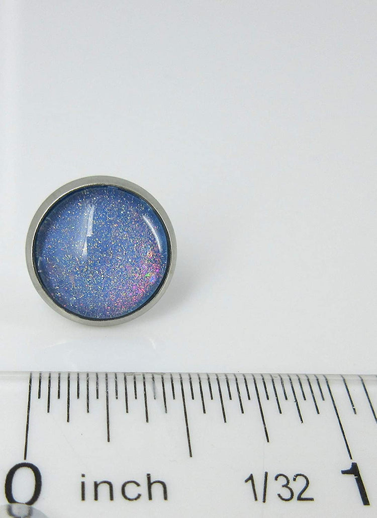 Stainless Steel Sky Blue and Rainbow Glitter Flake Glass Stud Earrings Hand-painted 12mm