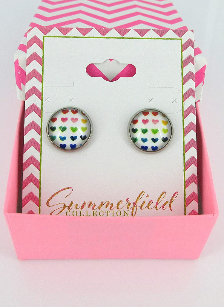 Stainless Steel Rainbow Multi Heart Print Glass Stud Earrings 12mm White Red