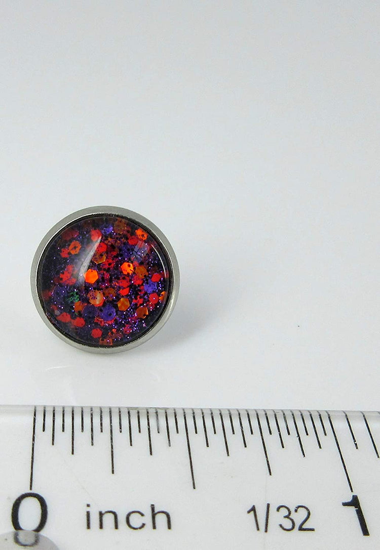 Stainless Steel Purple Orange Glitter Glass Stud Earrings Hand-painted 12mm