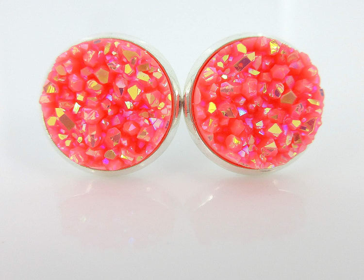 Peaches and Green Trio Silver-tone Stud Earrings 12mm Nude Coral AB Faux Druzy Stone Set