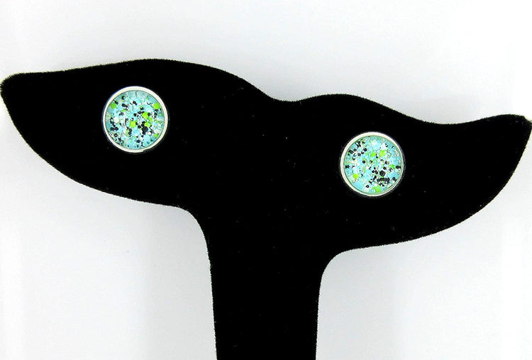 Silver-tone Blue Black Green White Glitter Glass Stud Earrings Hand-painted 10mm