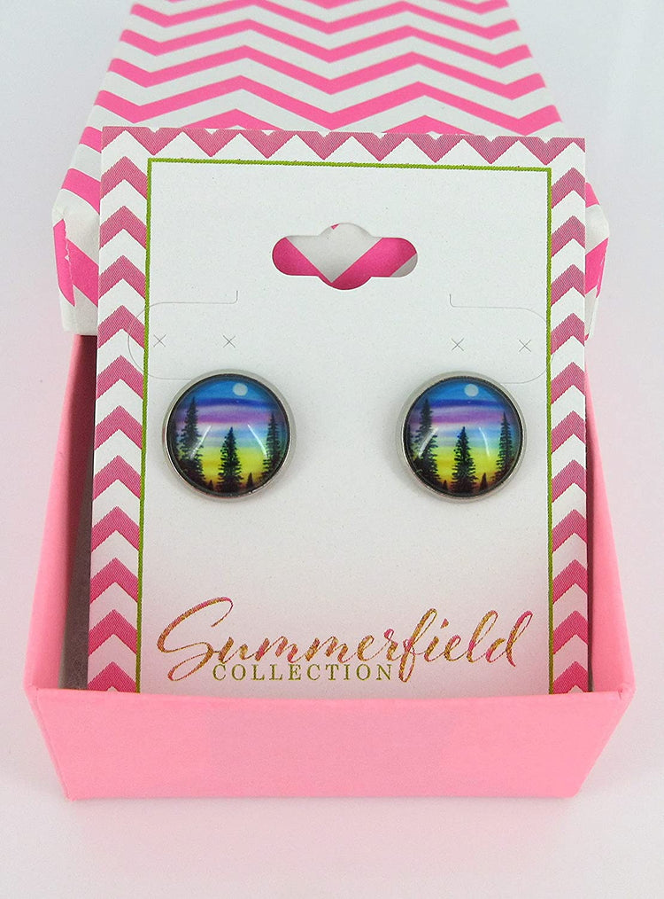 Stainless Steel Forest Rainbow Sunset Print Glass Stud Earrings 12mm