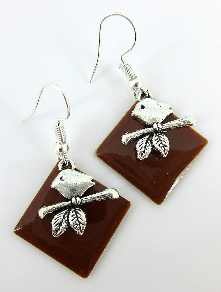 Silver-tone Brown Enamel Bird Charm Dangle Earrings