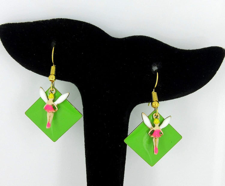 Gold-tone Green Enamel Fairy Charm Dangle Earrings