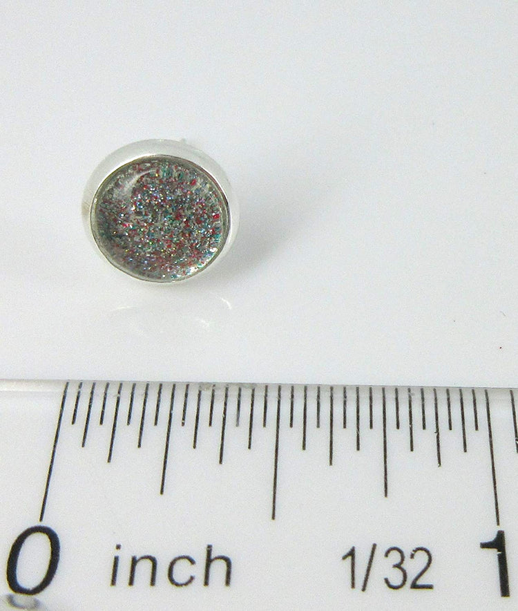Silver-tone Aqua Blue and Red and Holographic Glitter Glass Stud Earrings Hand-painted 8mm