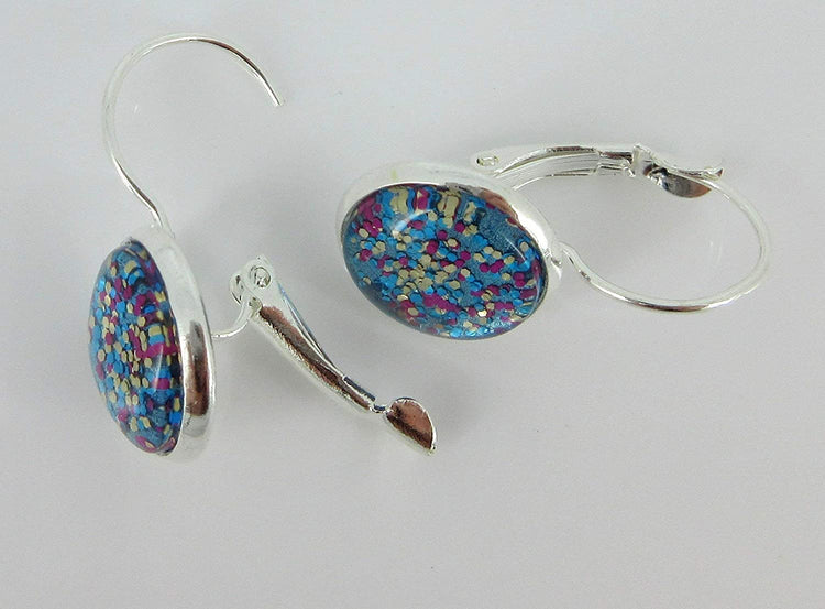 Silver-tone Blue and Pink Confetti Glitter Glass Lever-back Drop Earrings Hand-painted