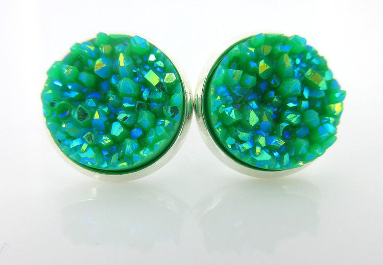 Peaches and Green Trio Silver-tone Stud Earrings 12mm Nude Coral AB Faux Druzy Stone Set