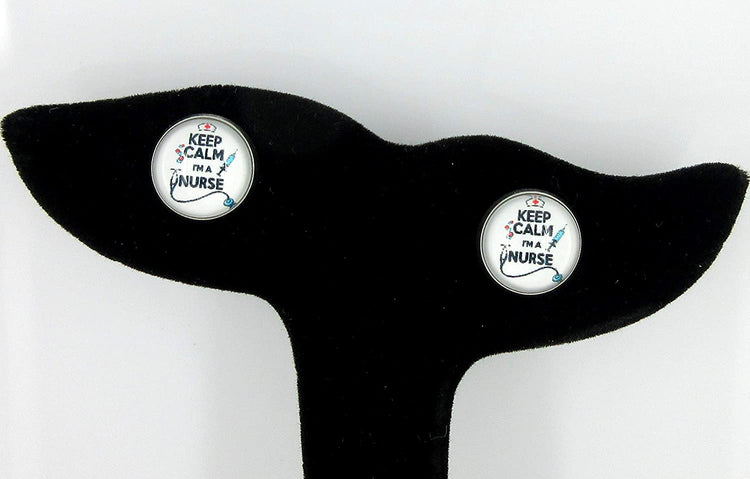 Stainless Steel Keep Calm I'm a Nurse Print Glass Stud Earrings 12mm White Black Red