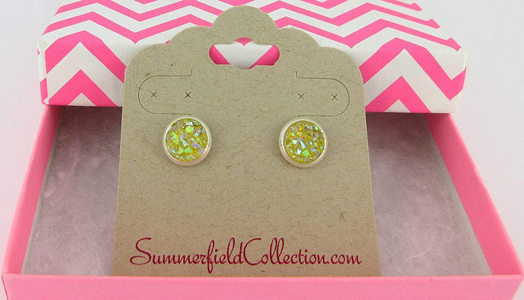 Silver-tone Yellow AB Faux Druzy Stone Stud Earrings 8mm