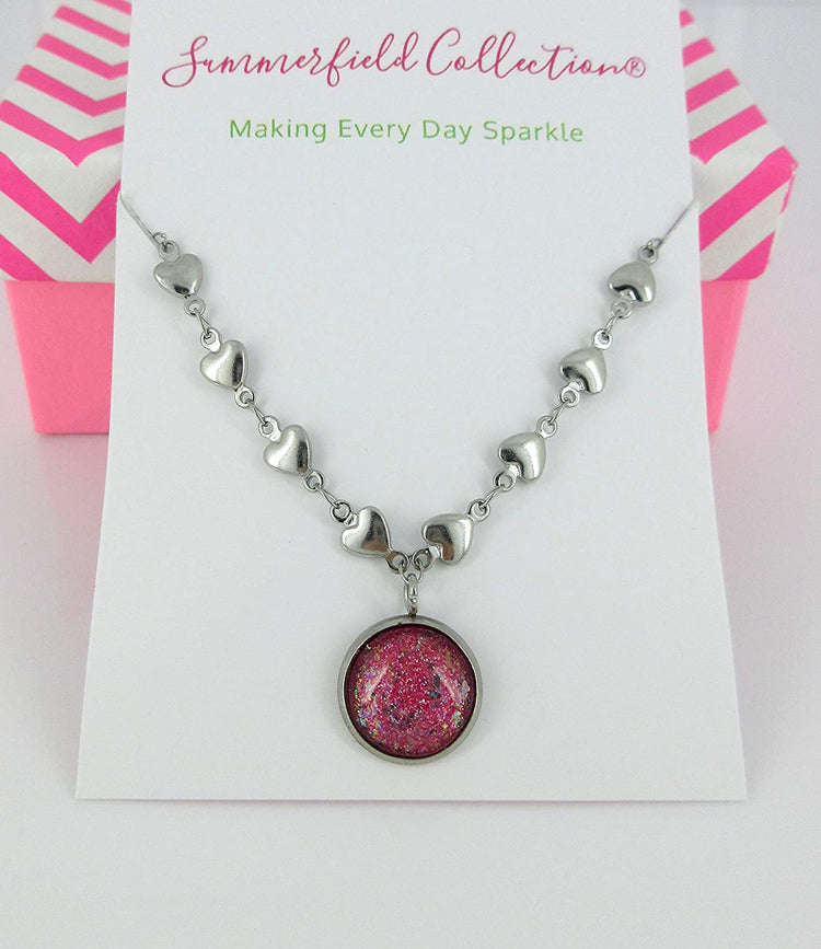 Stainless Steel Heart Chain and Pink Glitter Glass Pendant Necklace