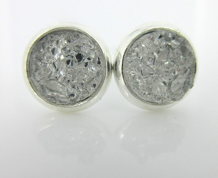 Duo Silver-tone Clear and Light Brown Faux Druzy Stone Stud Earrings 8mm Set