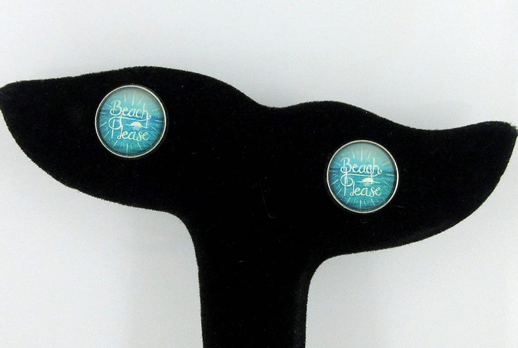 Stainless Steel Beach Please Print Glass Stud Earrings 12mm