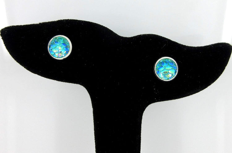 Silver-tone Aqua Blue Green Metallic Mermaid Scale Stud Earrings 8mm