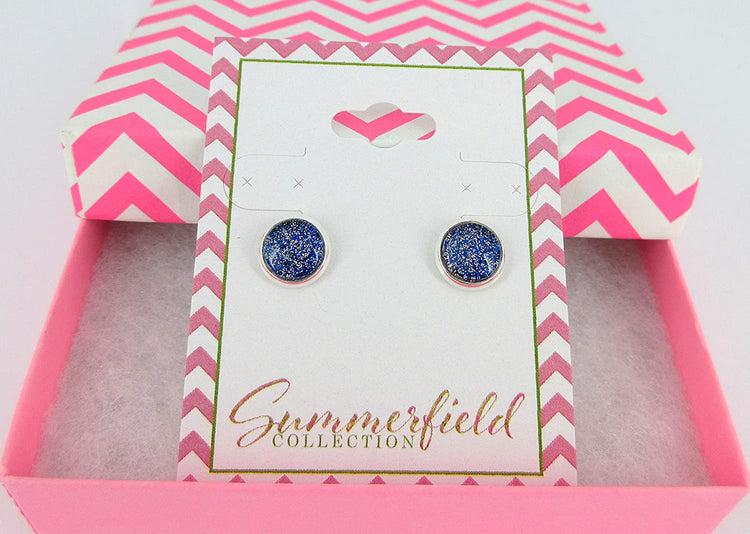 Silver-tone Royal Blue and Holographic Glitter Glass Stud Earrings Hand-painted 8mm