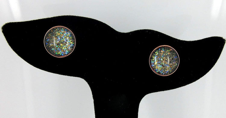 Rose Gold-tone Black Iridescent Glitter Glass Galaxy Stud Earrings Hand-painted 12mm