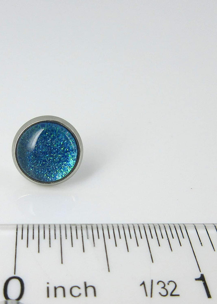 Stainless Steel Blue Green Glitter Glass Stud Earrings Hand-painted 10mm
