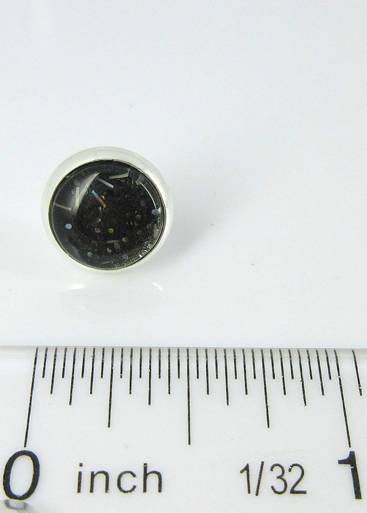 Silver-tone Black Galaxy Glitter Glass Stud Earrings Hand-painted 10mm
