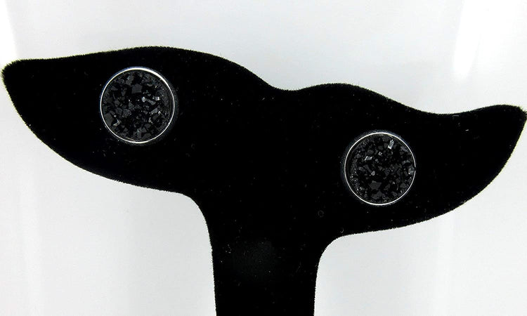 Silver-tone Black Faux Druzy Stone Stud Earrings 12mm
