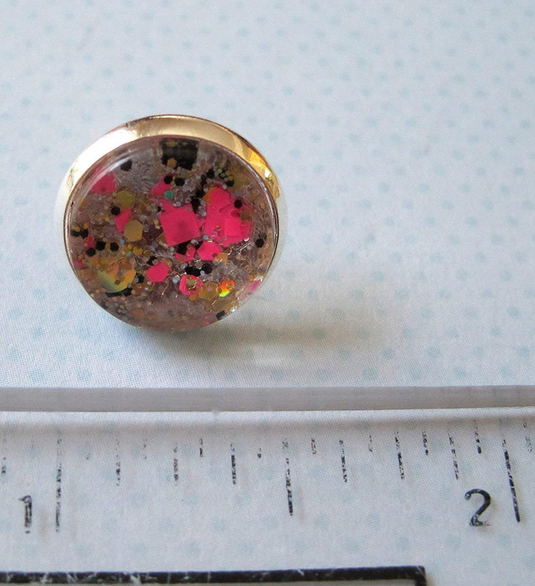 Silver-Tone Neon Pink Gold and Black Glitter Glass Stud Earrings 1/2" Round