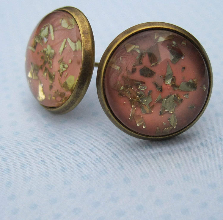 Antiqued Gold-tone Peach Glitter Glass Stud Earrings 12mm Hand-painted
