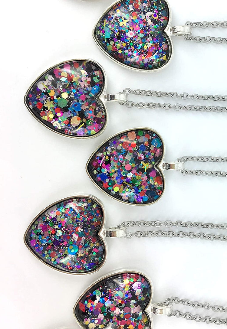 Silver-Tone Black and Multi-Color Confetti Glitter Glass Heart Pendant Necklace 20" Chain Stainless