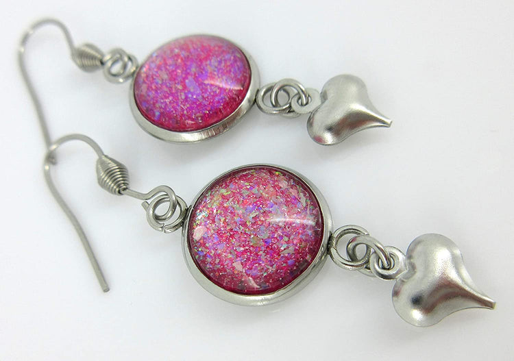 Stainless Steel Pink and Iridescent Glitter Flake Glass Heart Charm Dangle Earrings