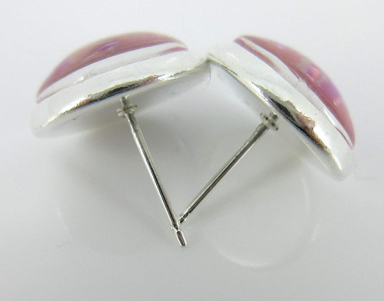 Silver-tone Pink and Purple Iridescent Glitter Glass Stud Earrings Hand-painted 12mm