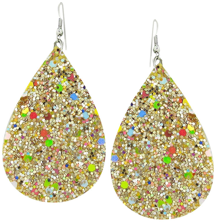 Silver-tone Glitter Faux Leather Large Teardrop Dangle Earrings