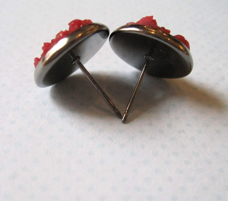 Hematite-tone Maroon Faux Druzy Stone Stud Earrings 12mm