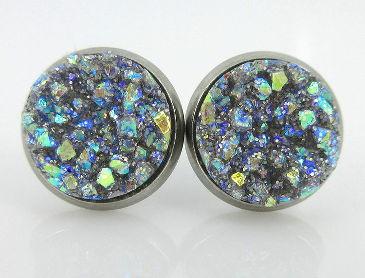 Stainless Steel Frost Blue Gray AB Glitter Faux Druzy Stone Stud Earrings 10mm