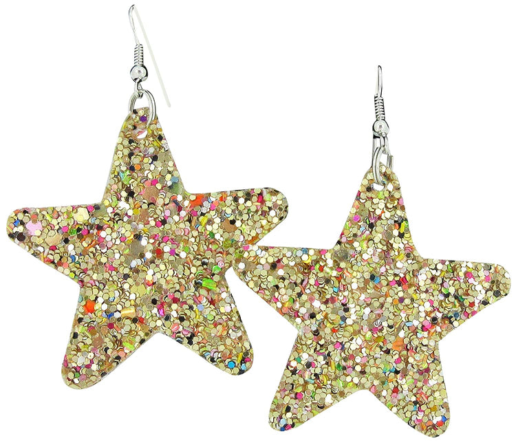 Glitter Faux Leather Large Star Dangle Earrings