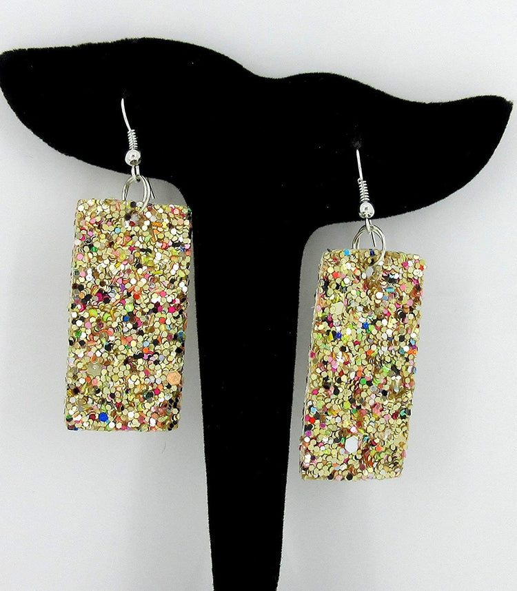 Silver-tone Glitter Faux Leather Large Rectangle Dangle Earrings (Gold and Rainbow)