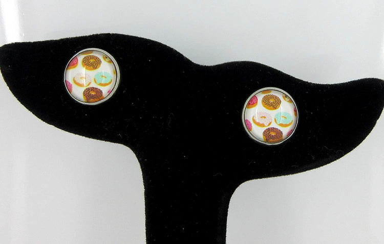 Stainless Steel Pink Blue Brown Doughnut Print Glass Stud Earrings 12mm