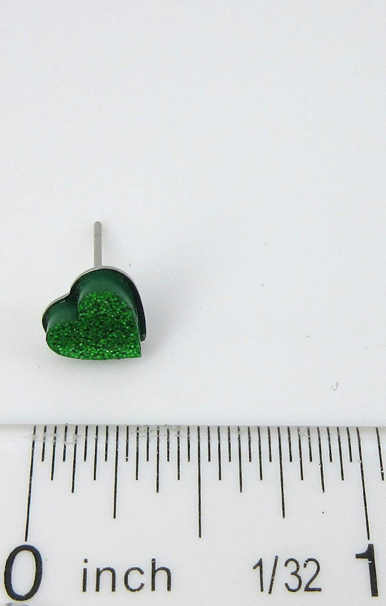 Stainless Steel Shamrock Green Glitter Acrylic Heart Stud Earrings 8mm