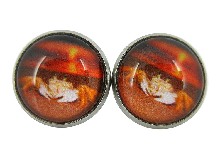 Stainless Steel Sunset Crab on the Beach Print Glass Stud Earrings 12mm