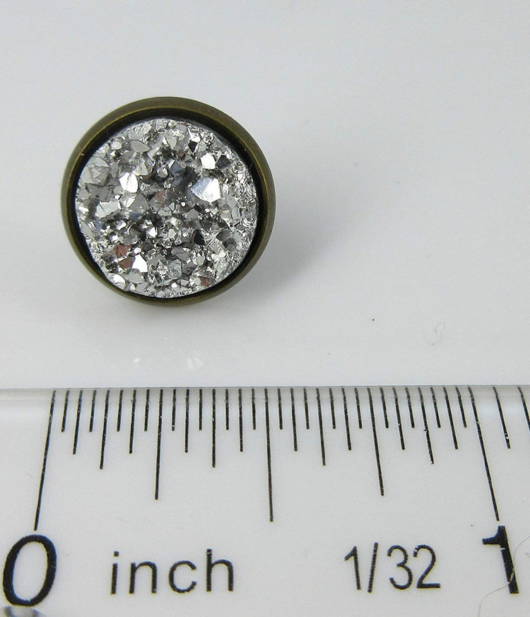 Trio Antiqued Gold-tone Stud Earrings 12mm Faux Druzy Stone Silver Metallic Blue Pink Set