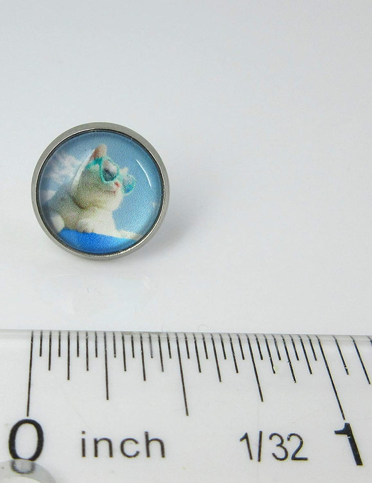 Stainless Steel Cruising Cool Cat in Sunglasses Print Glass Stud Earrings 12mm